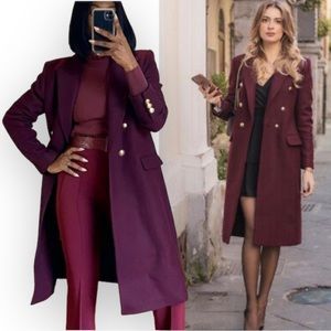 Zara Wool Blend Double Breasted Burgundy Trench Coat Size Small